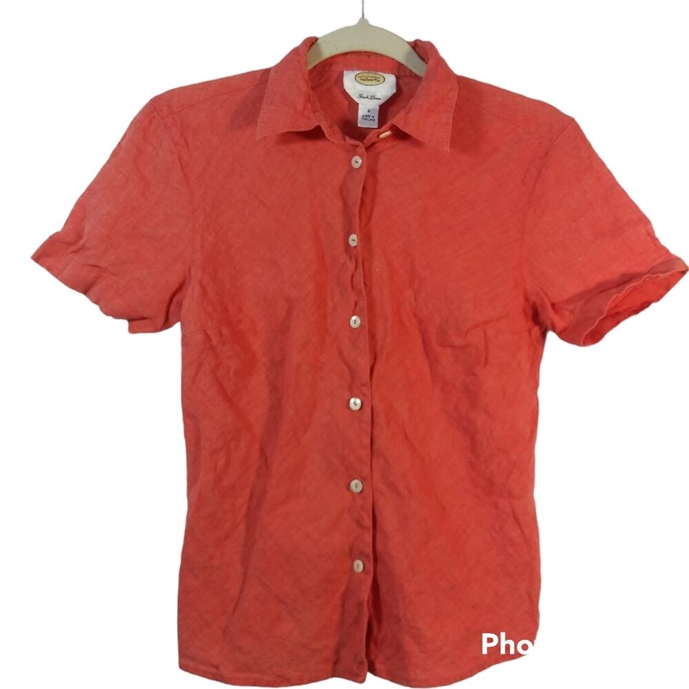Vintage Talbots Orange Irish Linen Button Up Short Sleeve Size 4
